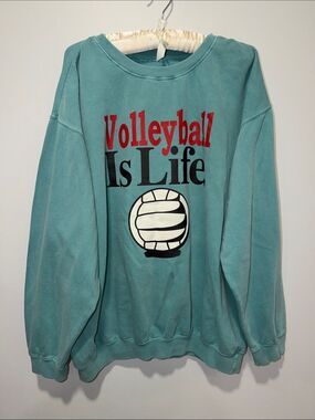 Crew XL Teal Red Black White Cotton Sweatshirt Volleyball Is Life Front Graphic